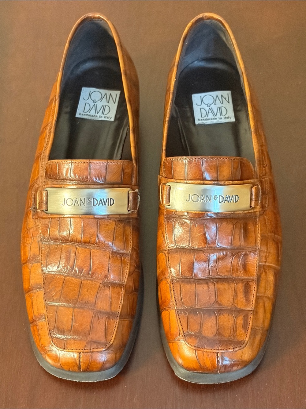 Joan & David Brown Croc-Embossed Leather Loafers with Gold Plaque